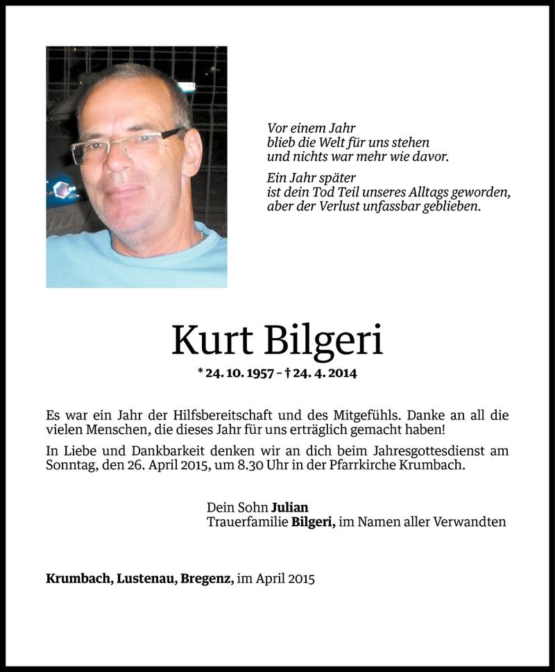  Todesanzeige für Kurt Bilgeri vom 24.04.2015 aus Vorarlberger Nachrichten