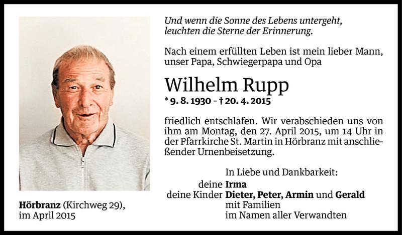  Todesanzeige für Wilhelm Rupp vom 23.04.2015 aus Vorarlberger Nachrichten