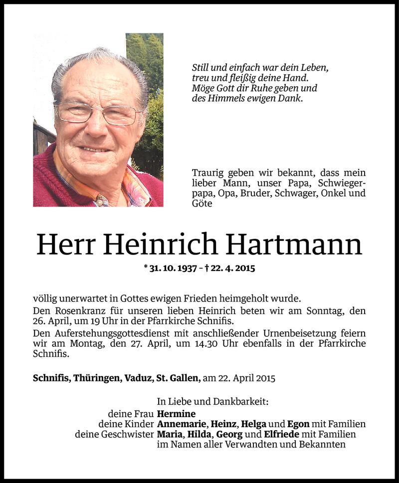  Todesanzeige für Heinrich Hartmann vom 24.04.2015 aus Vorarlberger Nachrichten