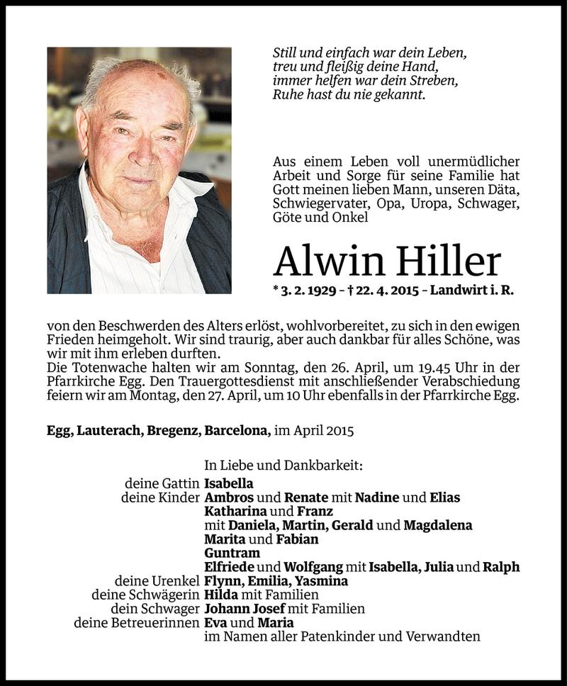  Todesanzeige für Alwin Hiller vom 24.04.2015 aus Vorarlberger Nachrichten