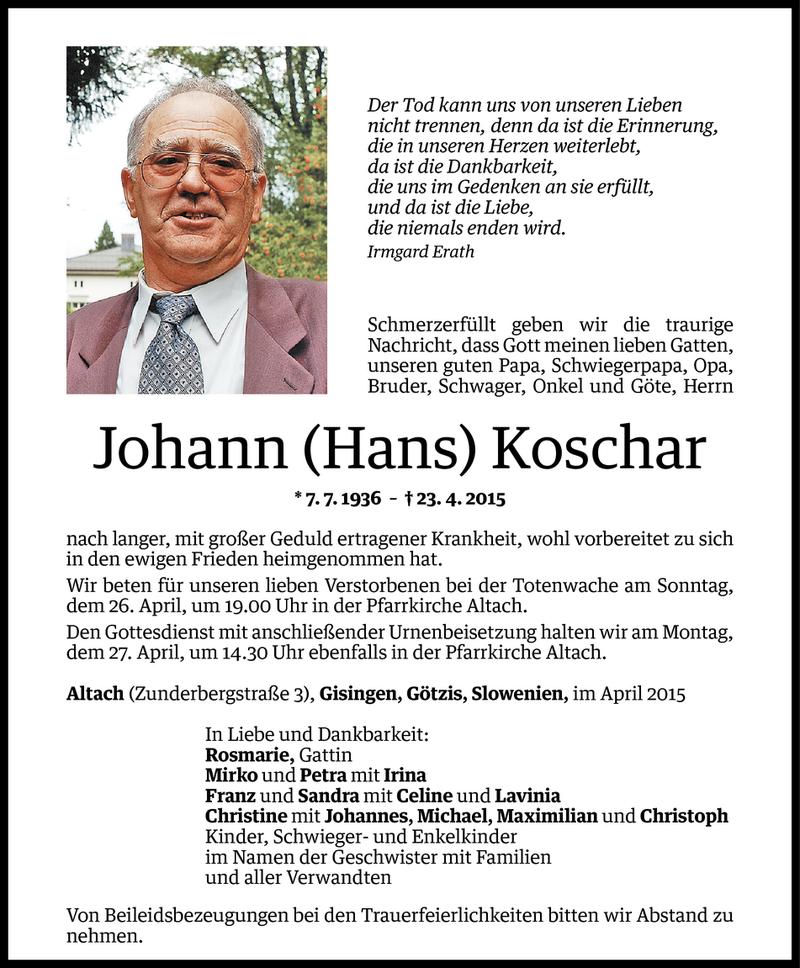  Todesanzeige für Johann Koschar vom 25.04.2015 aus Vorarlberger Nachrichten