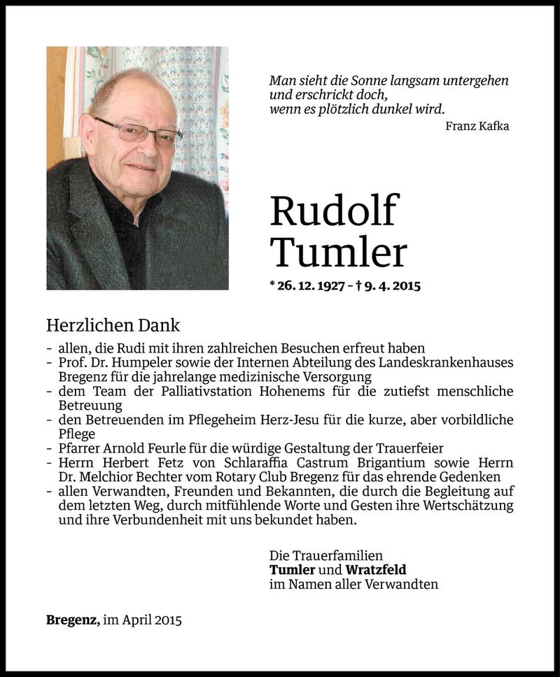  Todesanzeige für Rudolf Tumler vom 24.04.2015 aus Vorarlberger Nachrichten