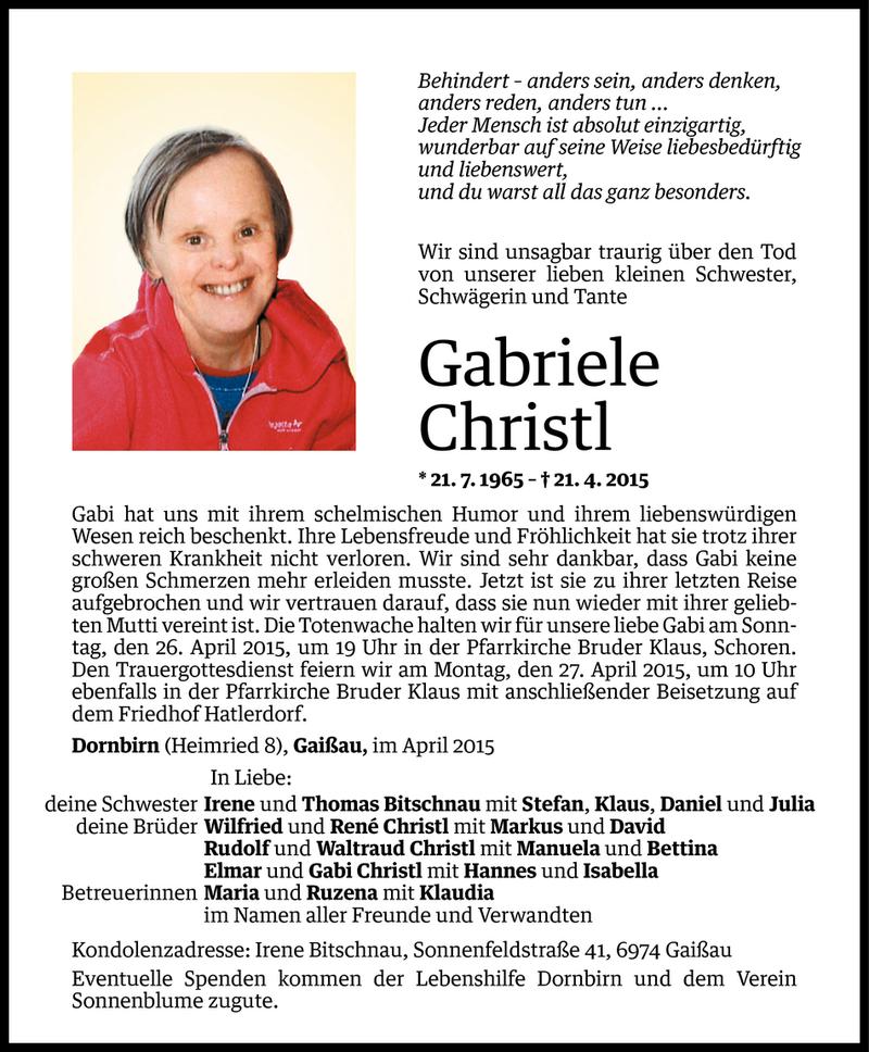  Todesanzeige für Gabriele Christl vom 24.04.2015 aus Vorarlberger Nachrichten
