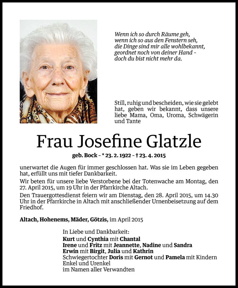  Todesanzeige für Josefine Glatzle vom 24.04.2015 aus Vorarlberger Nachrichten