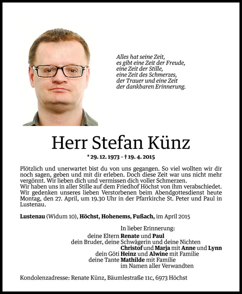  Todesanzeige für Stefan Künz vom 27.04.2015 aus Vorarlberger Nachrichten