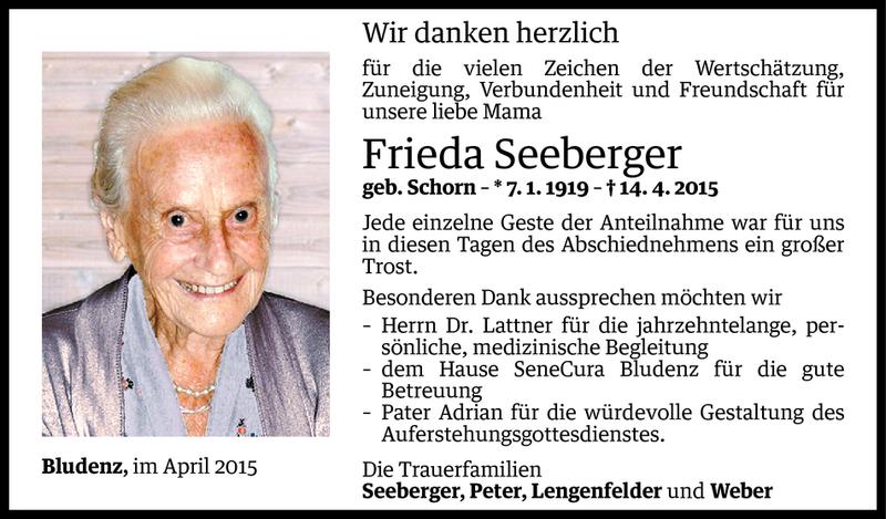  Todesanzeige für Frieda Seeberger vom 26.04.2015 aus Vorarlberger Nachrichten