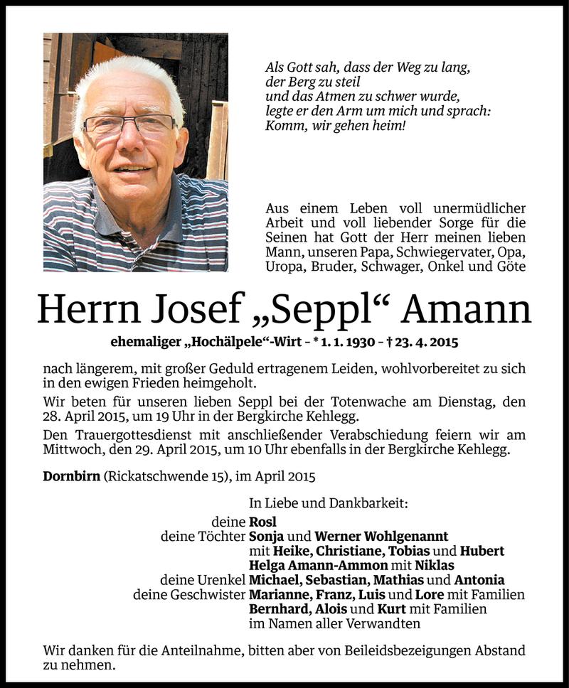  Todesanzeige für Josef Amann vom 26.04.2015 aus Vorarlberger Nachrichten