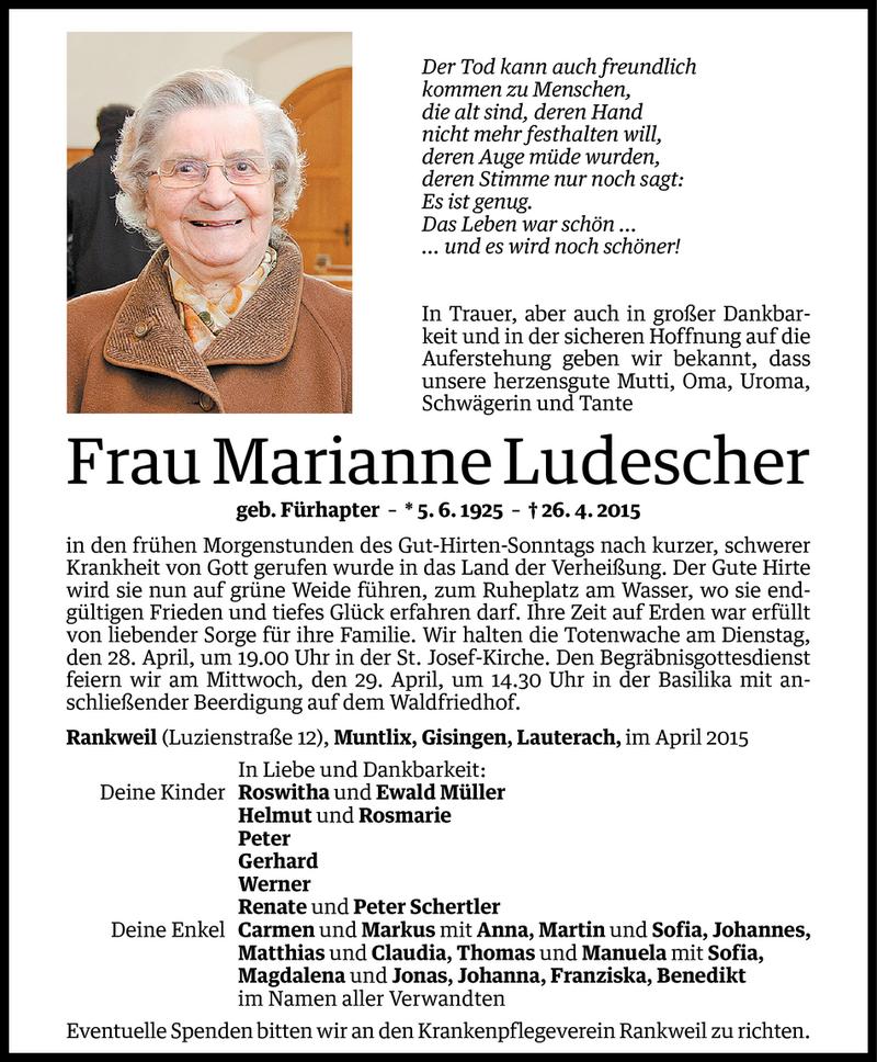  Todesanzeige für Marianne Ludescher vom 27.04.2015 aus Vorarlberger Nachrichten