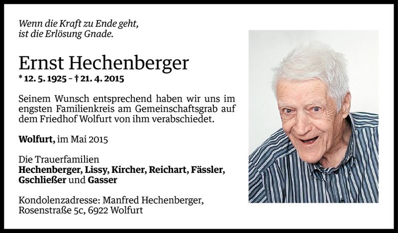  Todesanzeige für Ernst Hechenberger vom 02.05.2015 aus Vorarlberger Nachrichten
