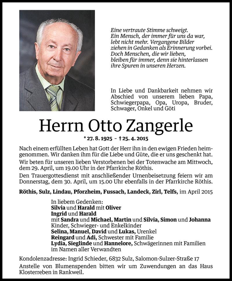  Todesanzeige für Otto Zangerle vom 28.04.2015 aus Vorarlberger Nachrichten