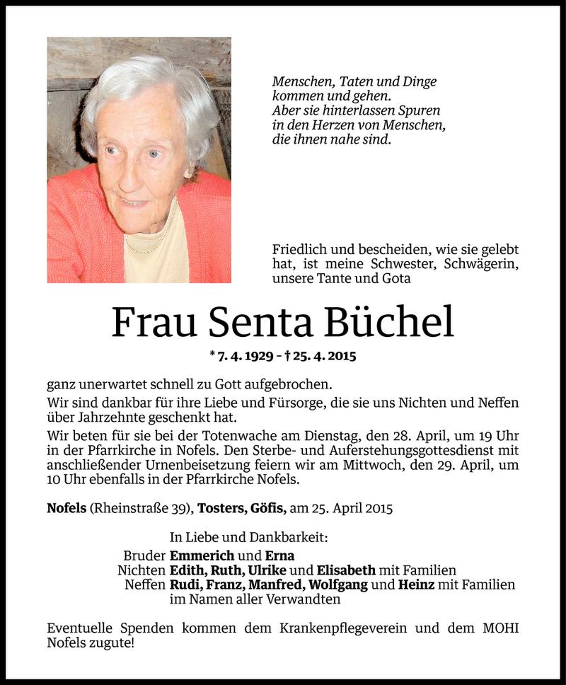  Todesanzeige für Senta Büchel vom 27.04.2015 aus Vorarlberger Nachrichten
