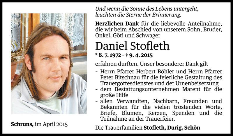  Todesanzeige für Daniel Stofleth vom 27.04.2015 aus Vorarlberger Nachrichten