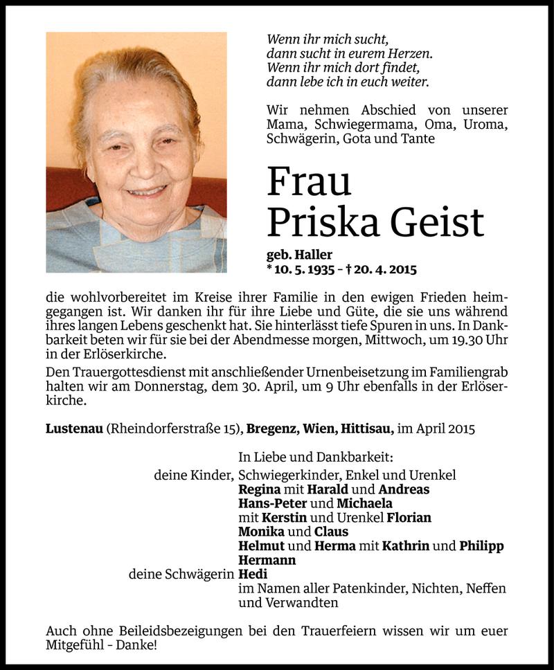  Todesanzeige für Priska Geist vom 27.04.2015 aus Vorarlberger Nachrichten