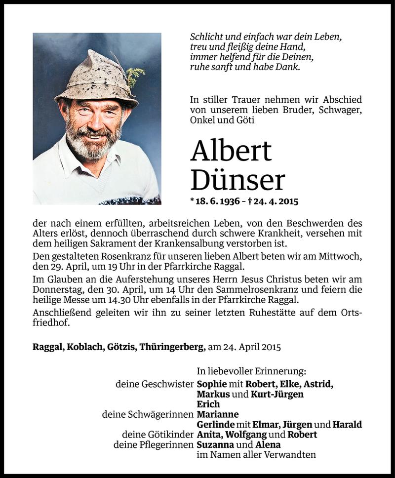  Todesanzeige für Albert Dünser vom 27.04.2015 aus Vorarlberger Nachrichten