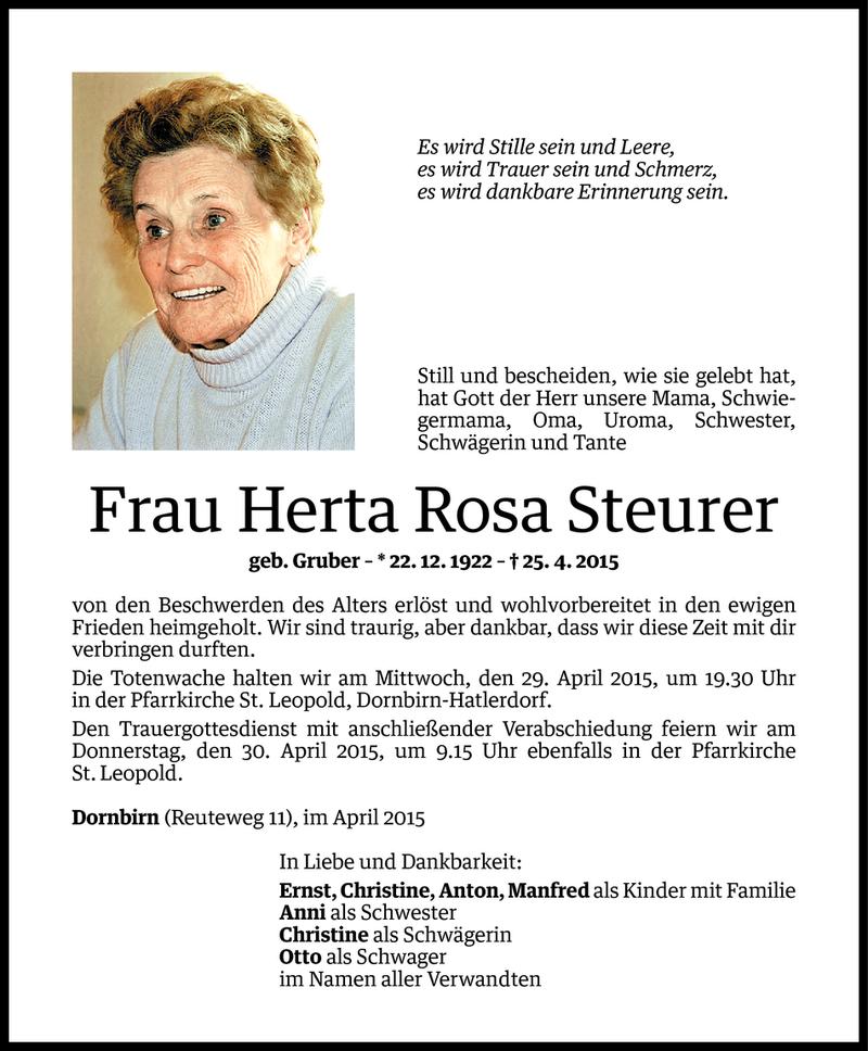  Todesanzeige für Herta Rosa Steurer vom 27.04.2015 aus Vorarlberger Nachrichten