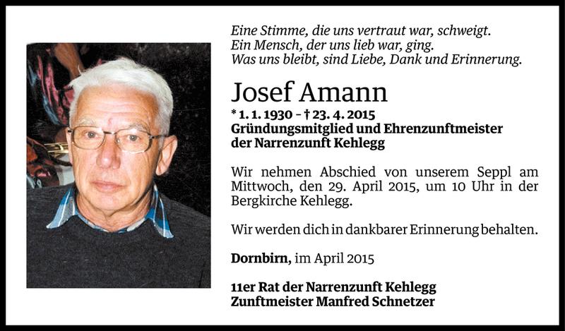  Todesanzeige für Josef Amann vom 27.04.2015 aus Vorarlberger Nachrichten