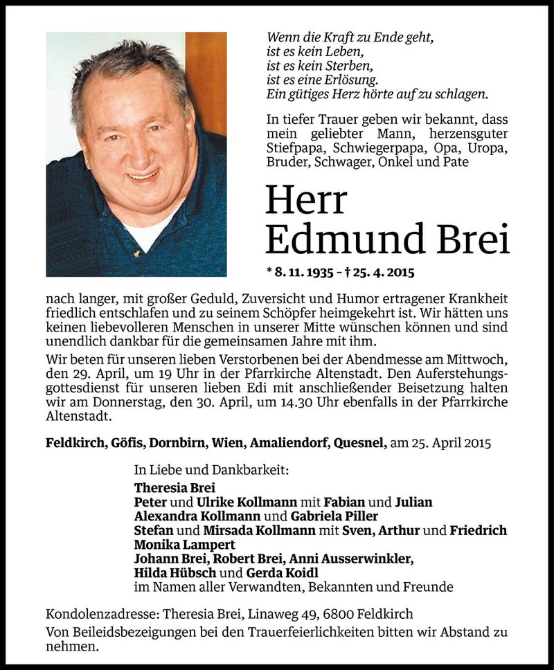  Todesanzeige für Edmund Brei vom 27.04.2015 aus Vorarlberger Nachrichten