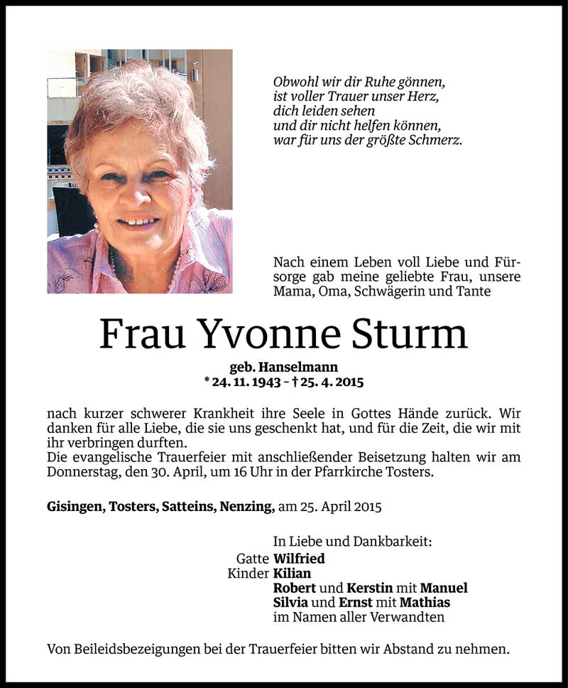  Todesanzeige für Yvonne Sturm vom 27.04.2015 aus Vorarlberger Nachrichten