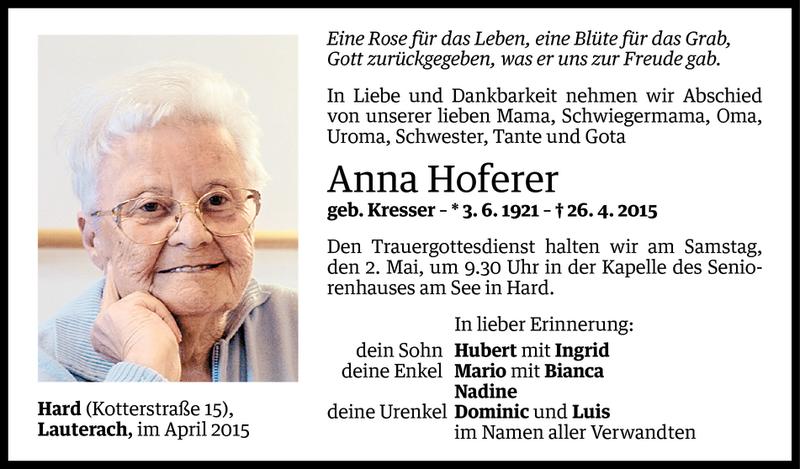  Todesanzeige für Anna Hoferer vom 28.04.2015 aus Vorarlberger Nachrichten