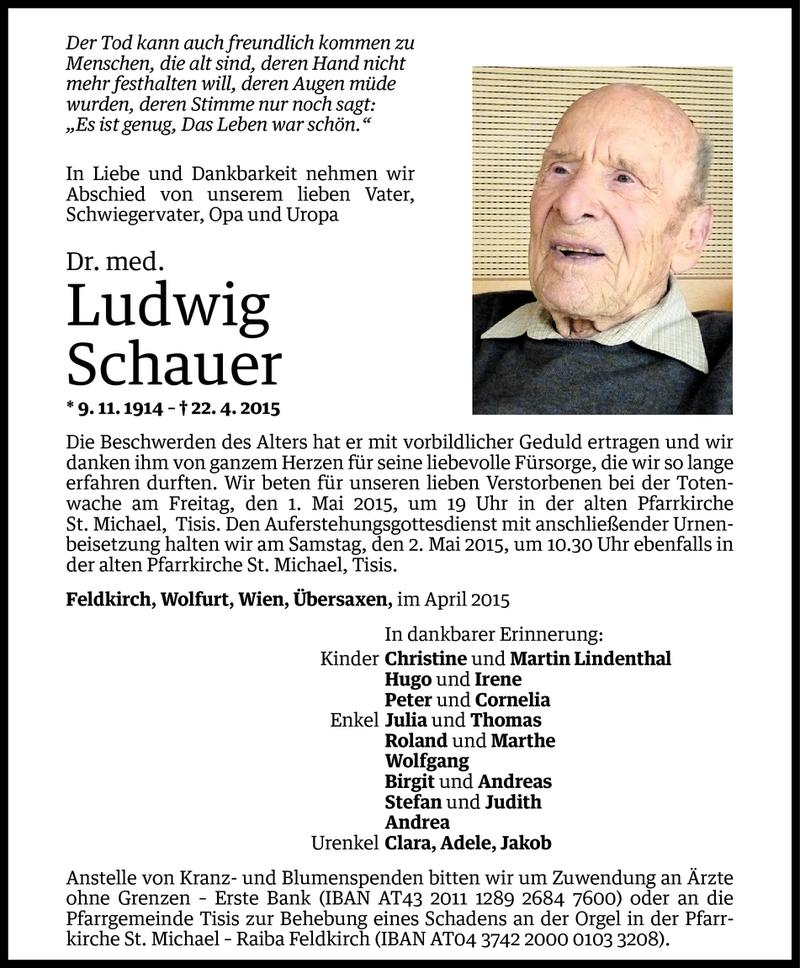  Todesanzeige für Ludwig Schauer vom 28.04.2015 aus Vorarlberger Nachrichten