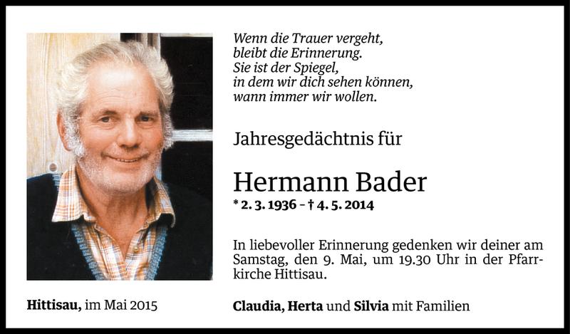  Todesanzeige für Hermann Bader vom 03.05.2015 aus Vorarlberger Nachrichten