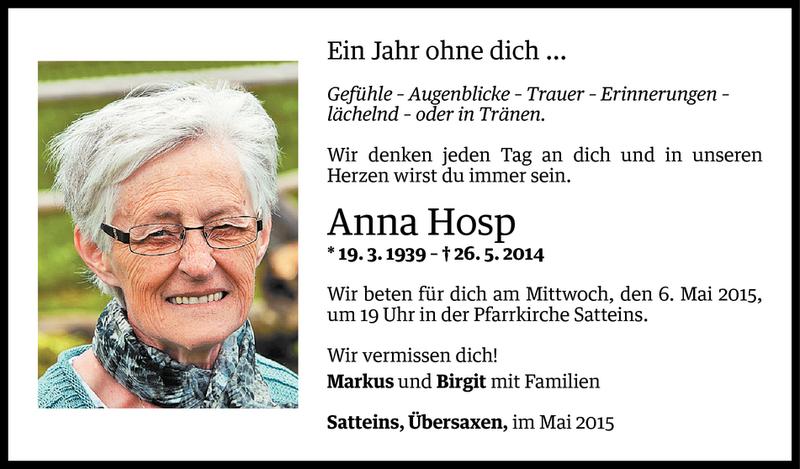  Todesanzeige für Anna Hosp vom 01.05.2015 aus Vorarlberger Nachrichten