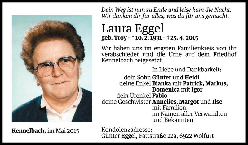  Todesanzeige für Laura Eggel vom 02.05.2015 aus Vorarlberger Nachrichten