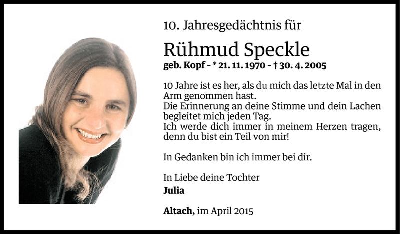  Todesanzeige für Rühmud Speckle vom 29.04.2015 aus Vorarlberger Nachrichten