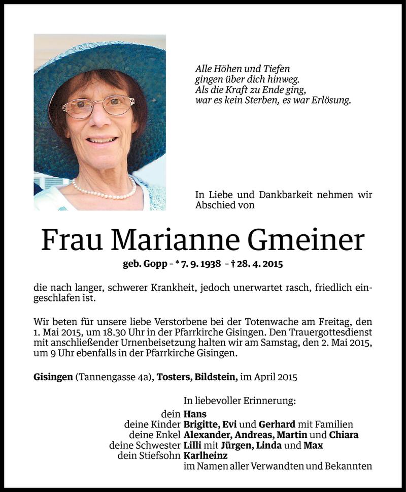  Todesanzeige für Marianne Gmeiner vom 29.04.2015 aus Vorarlberger Nachrichten