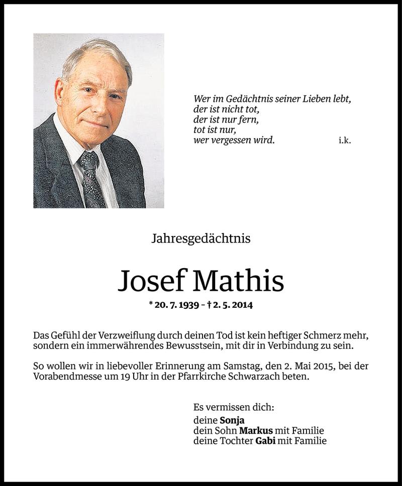  Todesanzeige für Josef Mathis vom 29.04.2015 aus Vorarlberger Nachrichten