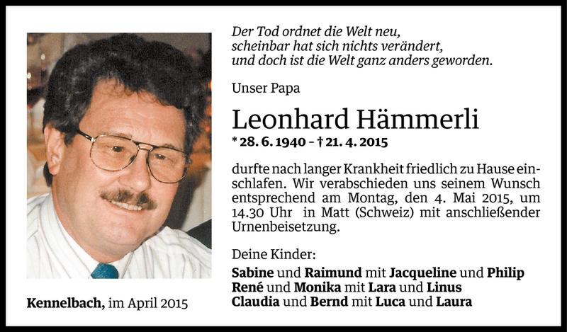  Todesanzeige für Leonhard Hämmerli vom 29.04.2015 aus Vorarlberger Nachrichten