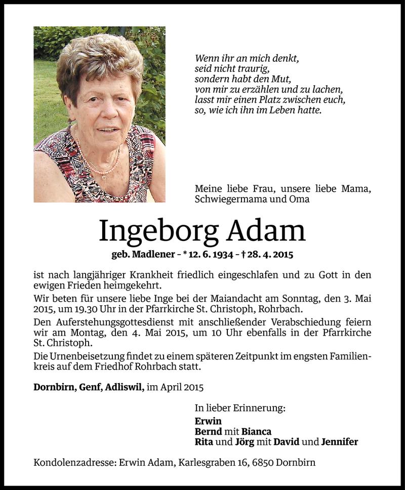  Todesanzeige für Ingeborg Adam vom 29.04.2015 aus Vorarlberger Nachrichten