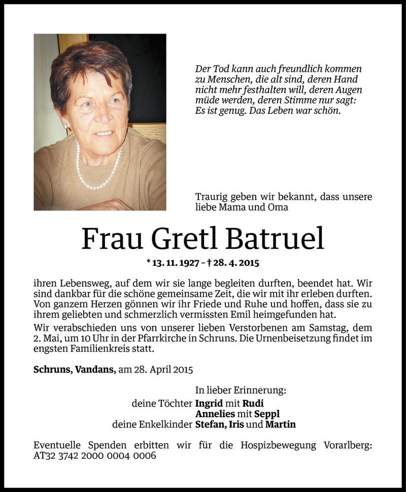  Todesanzeige für Margarethe Batruel vom 29.04.2015 aus Vorarlberger Nachrichten