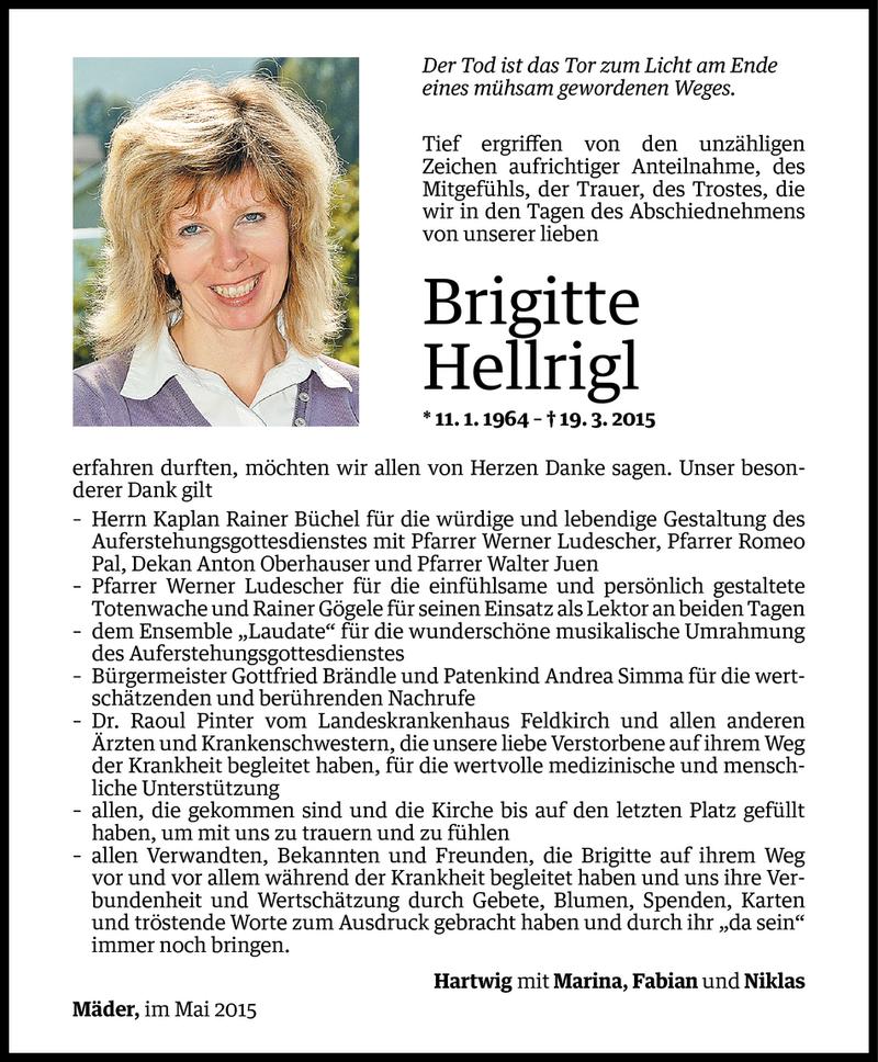  Todesanzeige für Brigitte Hellrigl vom 01.05.2015 aus Vorarlberger Nachrichten