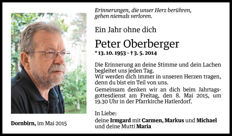  Todesanzeige für Peter Oberberger vom 01.05.2015 aus Vorarlberger Nachrichten