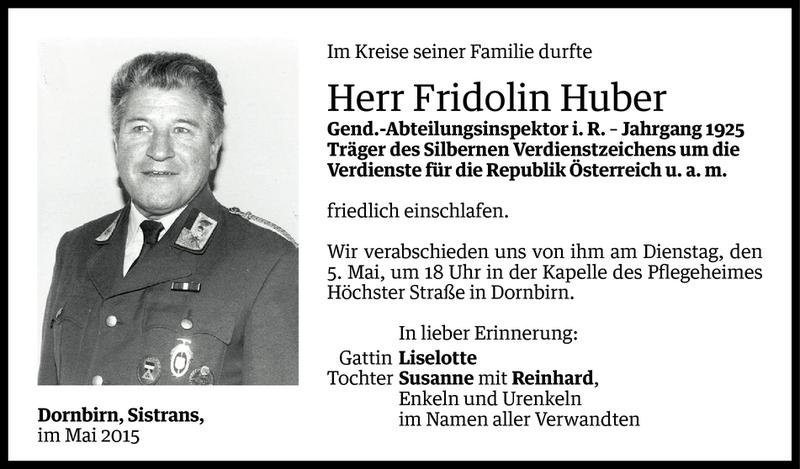  Todesanzeige für Fridolin Huber vom 01.05.2015 aus Vorarlberger Nachrichten