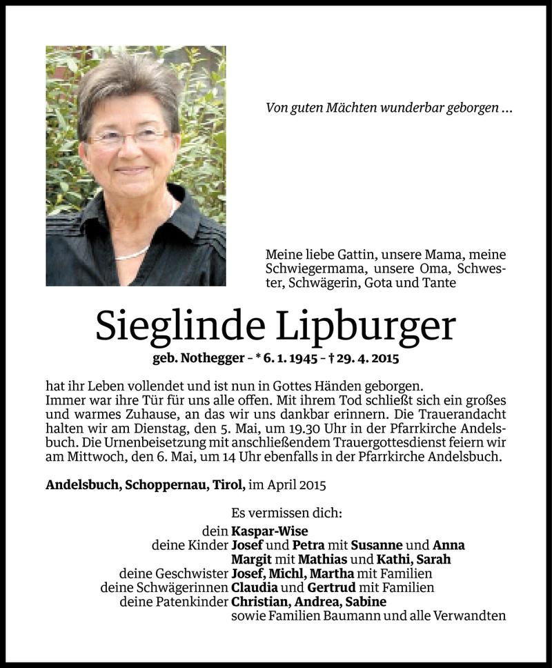  Todesanzeige für Sieglinde Lipburger vom 03.05.2015 aus Vorarlberger Nachrichten