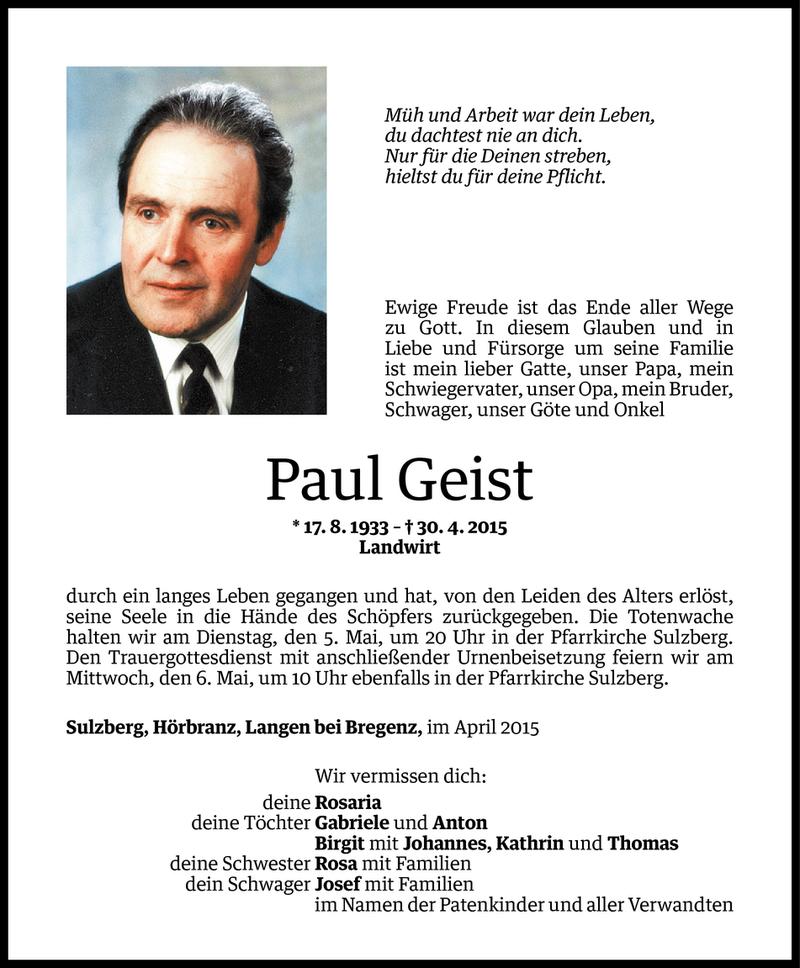  Todesanzeige für Paul Geist vom 03.05.2015 aus Vorarlberger Nachrichten