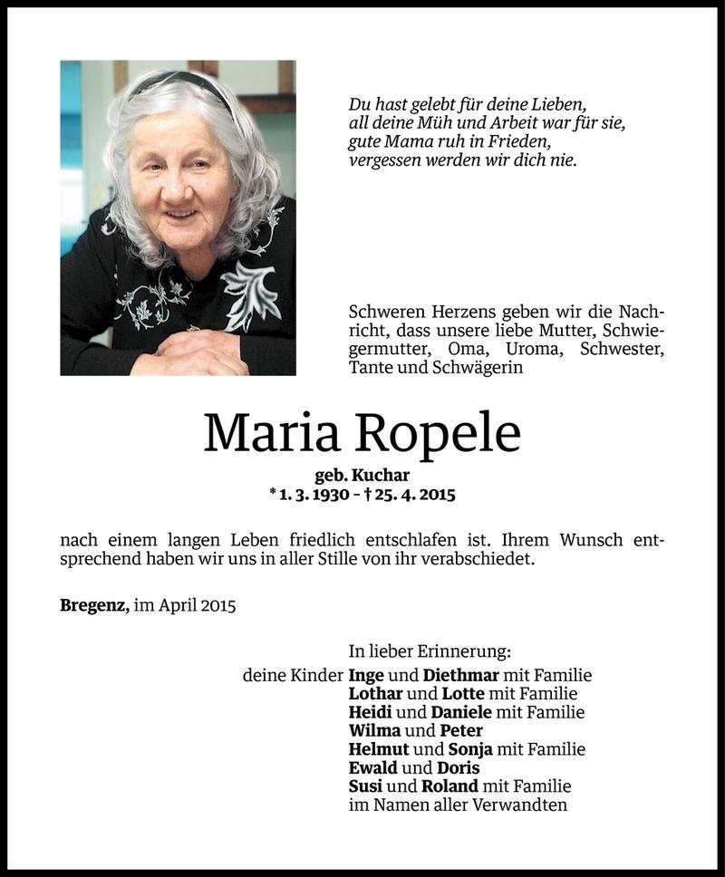  Todesanzeige für Maria Ropele vom 04.05.2015 aus Vorarlberger Nachrichten