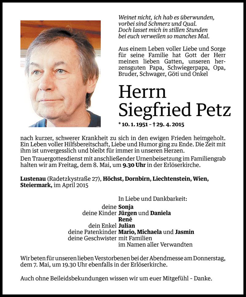  Todesanzeige für Siegfried Petz vom 04.05.2015 aus Vorarlberger Nachrichten