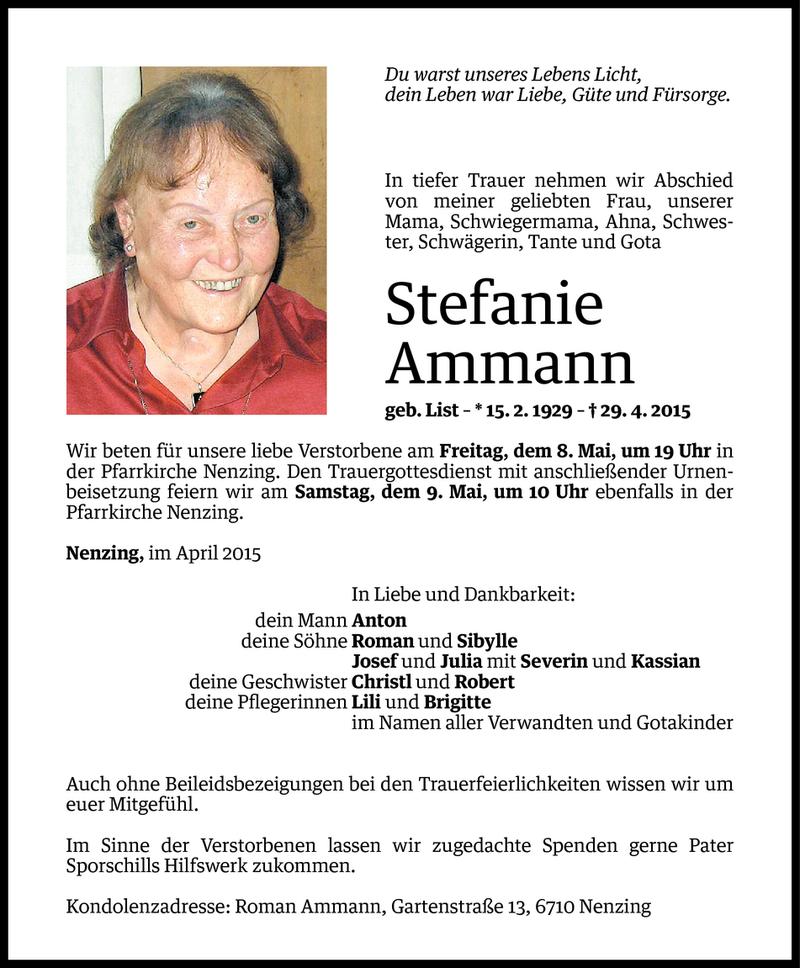  Todesanzeige für Stefanie Ammann vom 05.05.2015 aus Vorarlberger Nachrichten