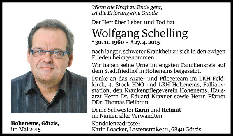  Todesanzeige für Wolfgang Schelling vom 07.05.2015 aus Vorarlberger Nachrichten