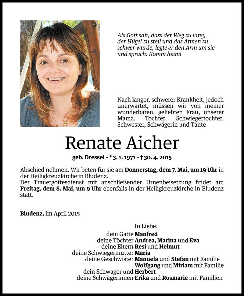  Todesanzeige für Renate Aicher vom 05.05.2015 aus Vorarlberger Nachrichten