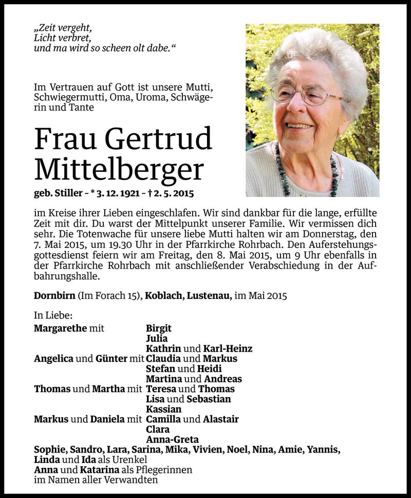  Todesanzeige für Gertrud Mittelberger vom 04.05.2015 aus Vorarlberger Nachrichten