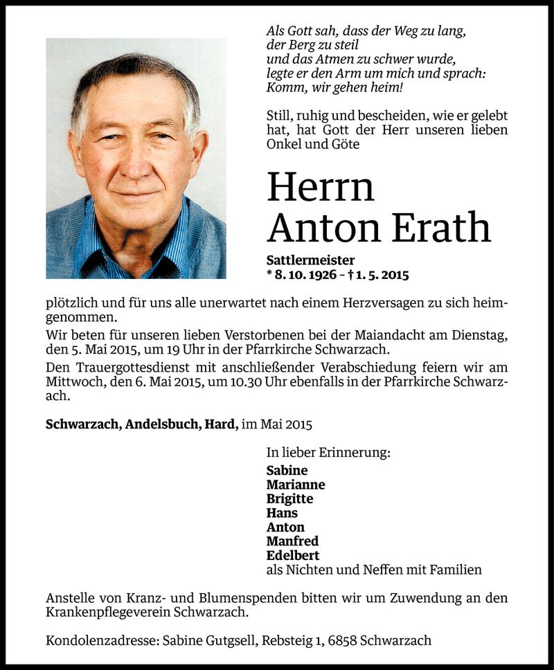  Todesanzeige für Anton Erath vom 04.05.2015 aus Vorarlberger Nachrichten