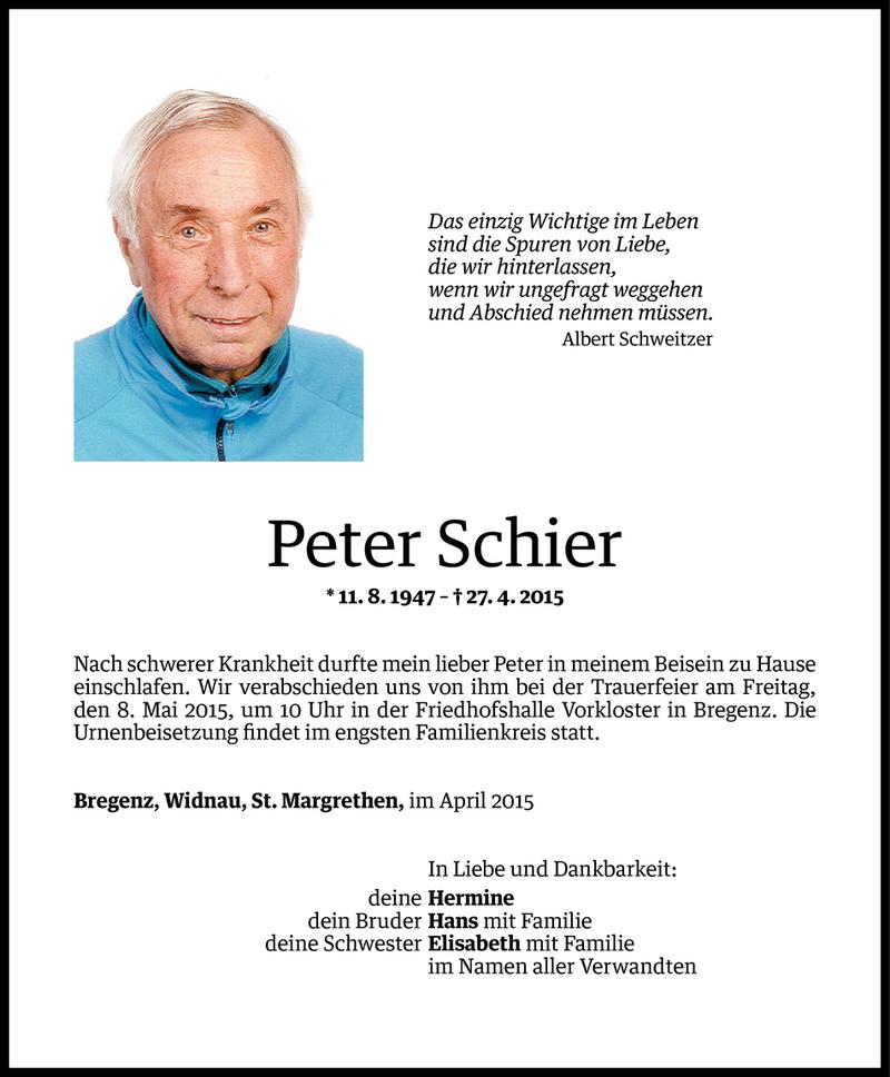  Todesanzeige für Peter Schier vom 04.05.2015 aus Vorarlberger Nachrichten