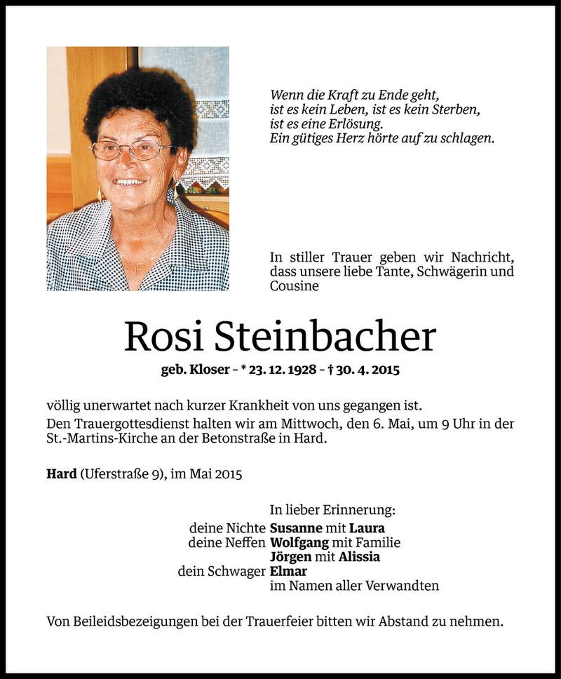  Todesanzeige für Rosi Steinbacher vom 04.05.2015 aus Vorarlberger Nachrichten