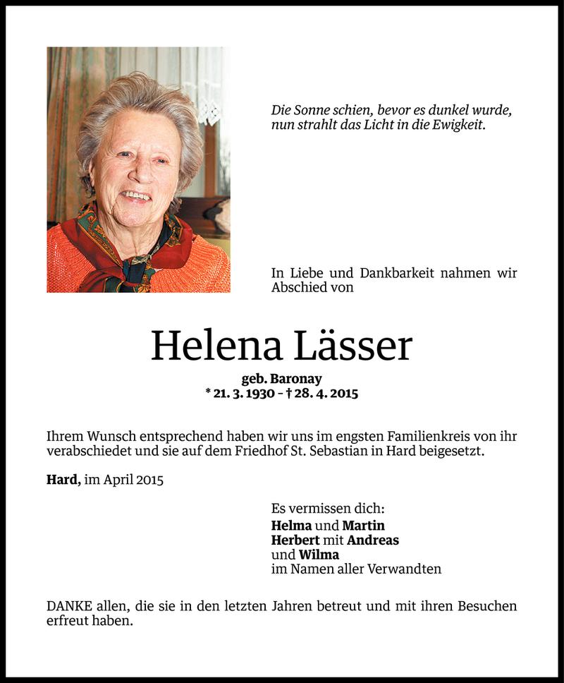  Todesanzeige für Helena Lässer vom 06.05.2015 aus Vorarlberger Nachrichten