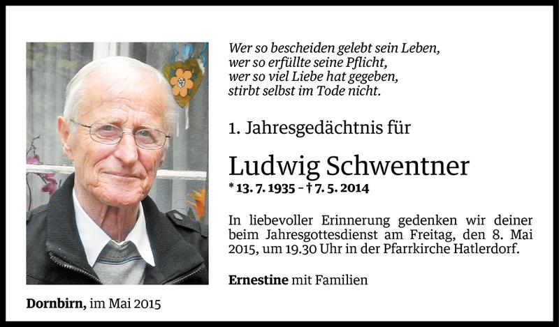  Todesanzeige für Ludwig Schwentner vom 06.05.2015 aus Vorarlberger Nachrichten