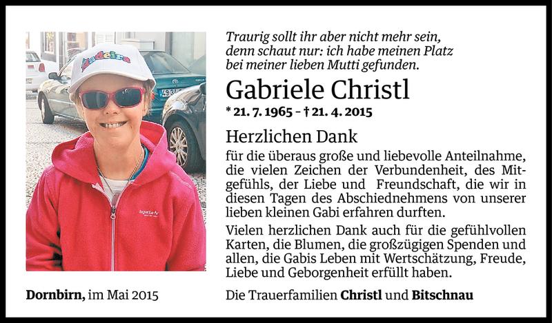  Todesanzeige für Gabriele Christl vom 07.05.2015 aus Vorarlberger Nachrichten